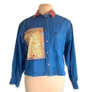 Upcycled Chambray Medium Wash Denim Shirt Debbie Mumm Folk Art Patches Collared